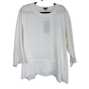 NWT Shana 2X White Round Neck 3/4 Sleeve Button Detail Tunic Top